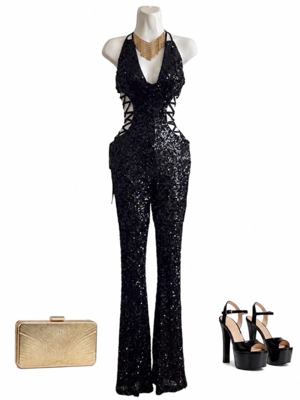 Fashion Nova Black Sequin Lace Up Jumpsuit Size Small